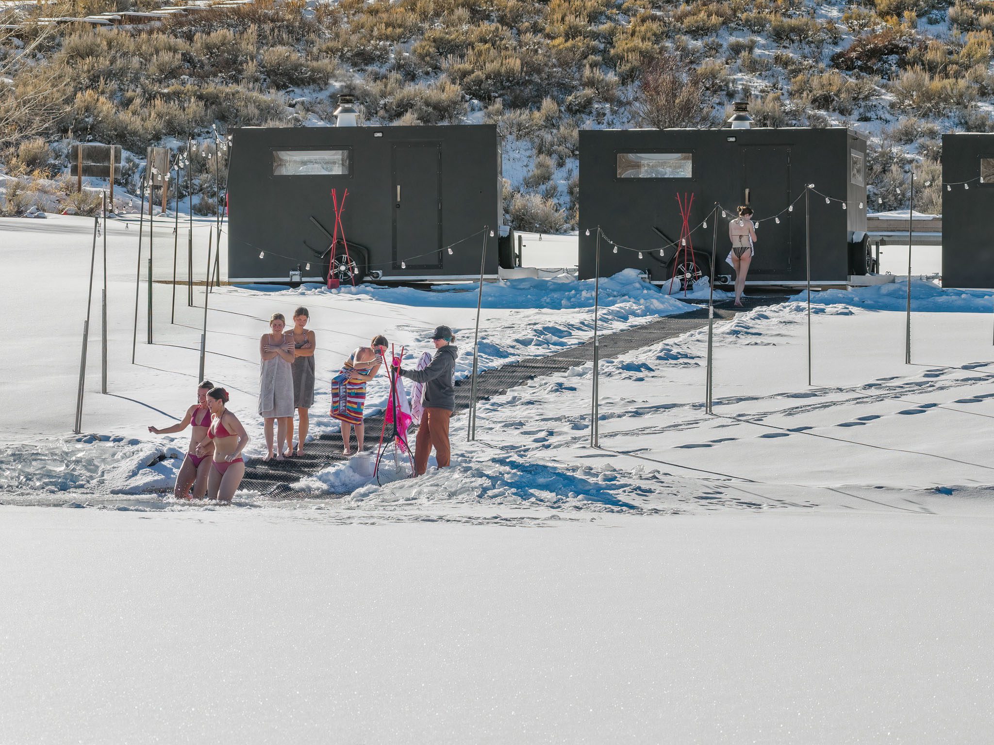 The saunas and the reservoir from above